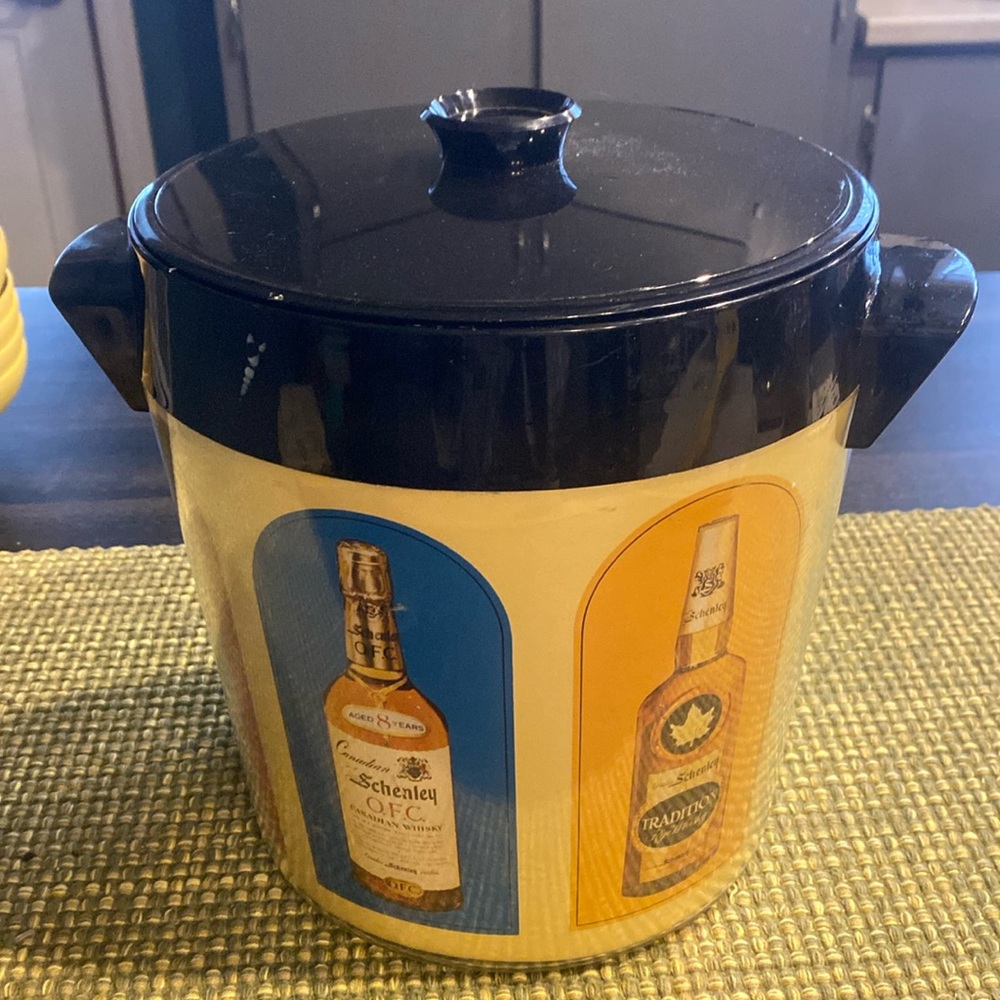 Vintage MCM Liquor Bottle Theme Ice Bucket London Dry Gin, Ron Carioca, Troika